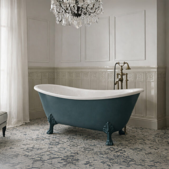 vasca retro blu grigio baltico con piedini stile inglese zampa di leone