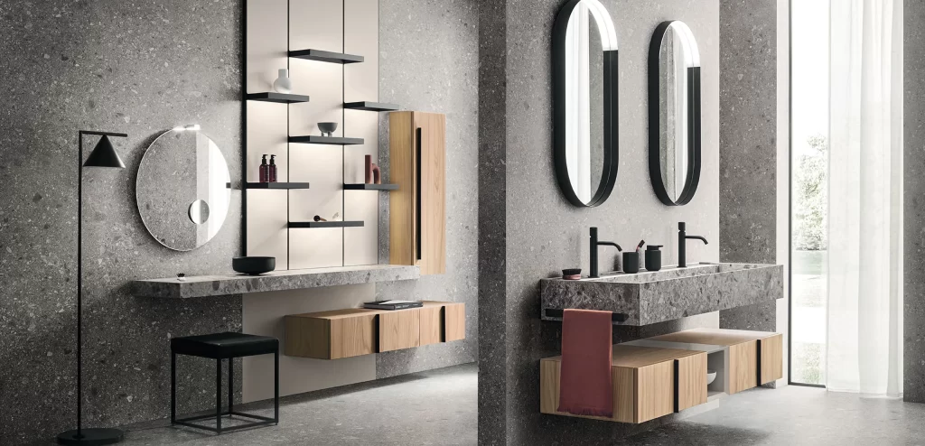 Mobili bagno sfalsati e sospesi
