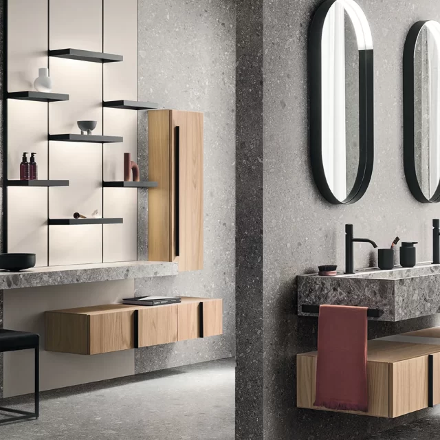 Mobili bagno sfalsati e sospesi