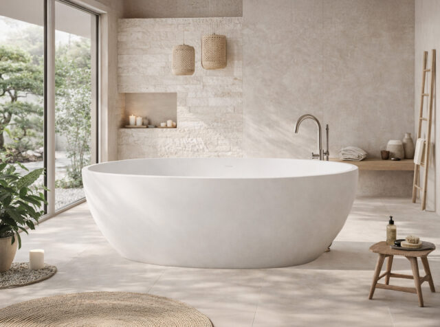 Vasca da bagno freestanding ovale a forma di mandorla bianco matt