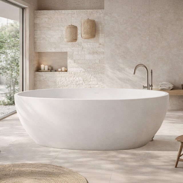 Vasca da bagno freestanding ovale a forma di mandorla bianco matt